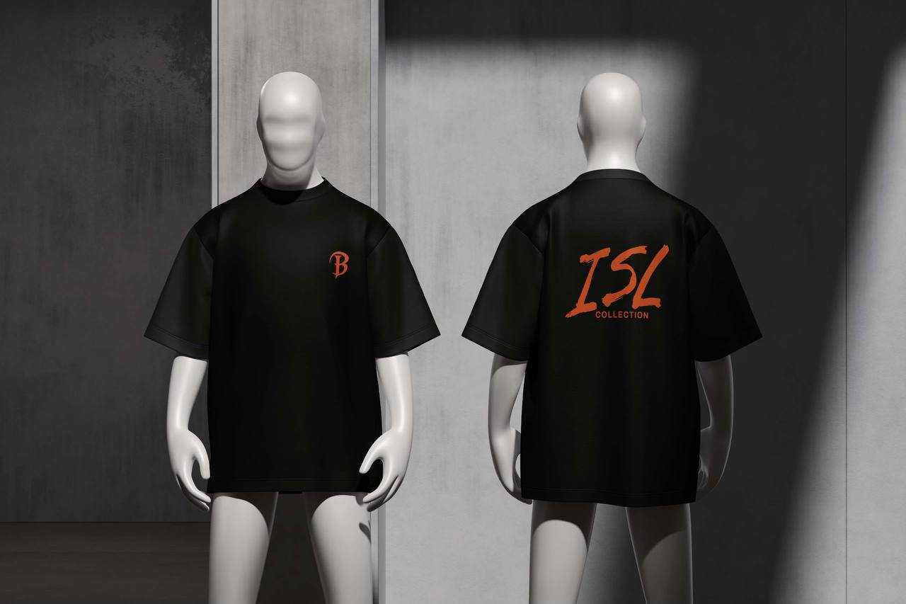 The ISL oversized tee in black with a rust print, shown front and back