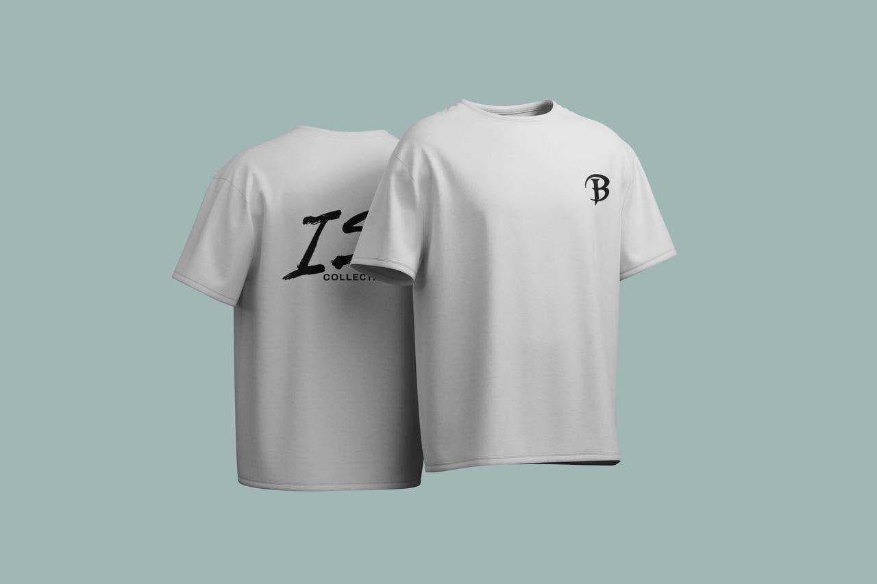 The ISL oversized tee in white with a black print, shown front and back