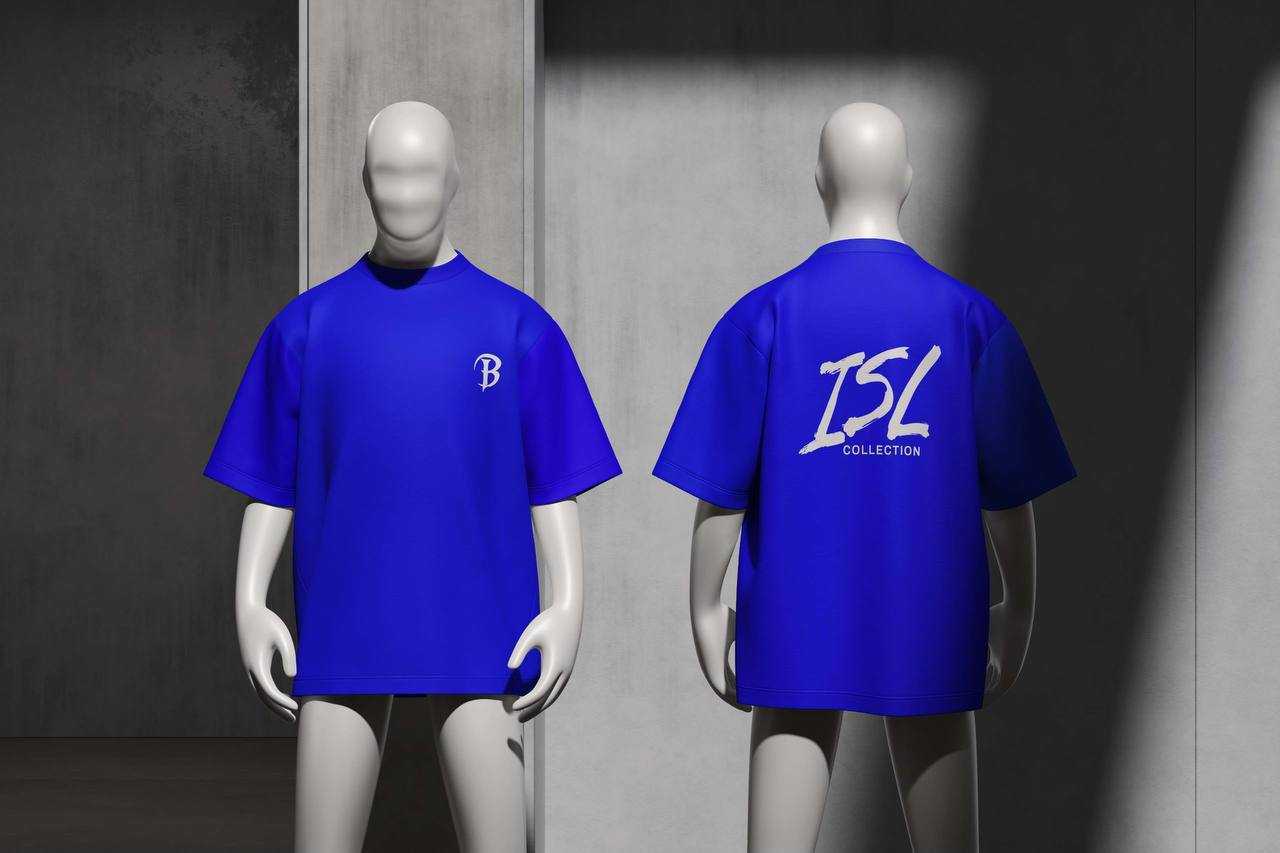 The ISL oversized tee in royal blue, shown front and back