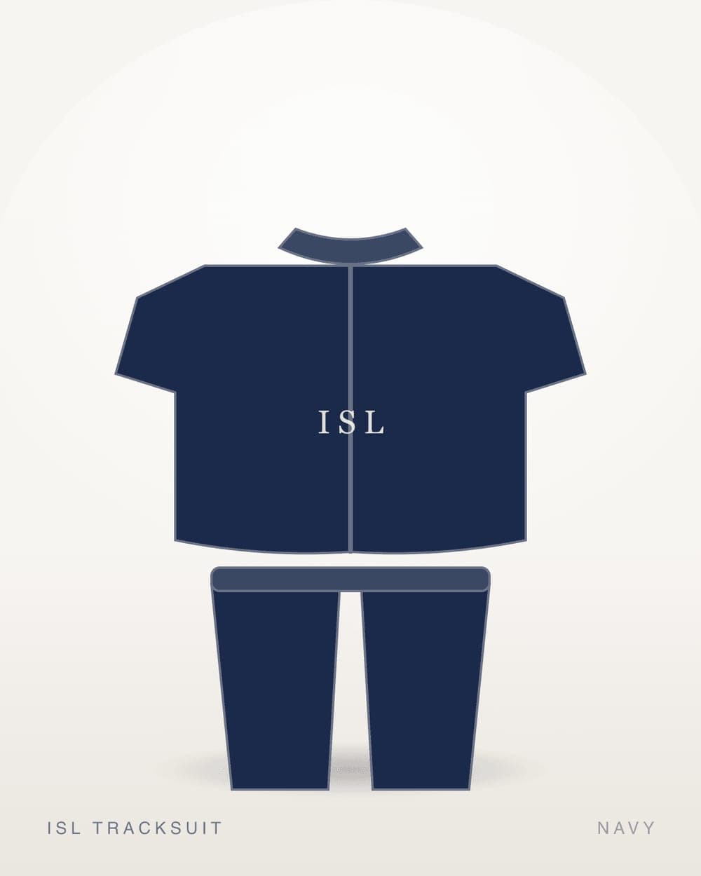 The ISL Tracksuit in navy, jacket above the trousers against a studio background